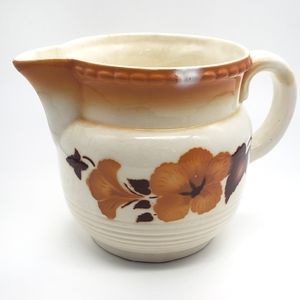 VINTAGE Ceramic Flower & Leaf Small Ceramic Pitcher Orange Cream Brown